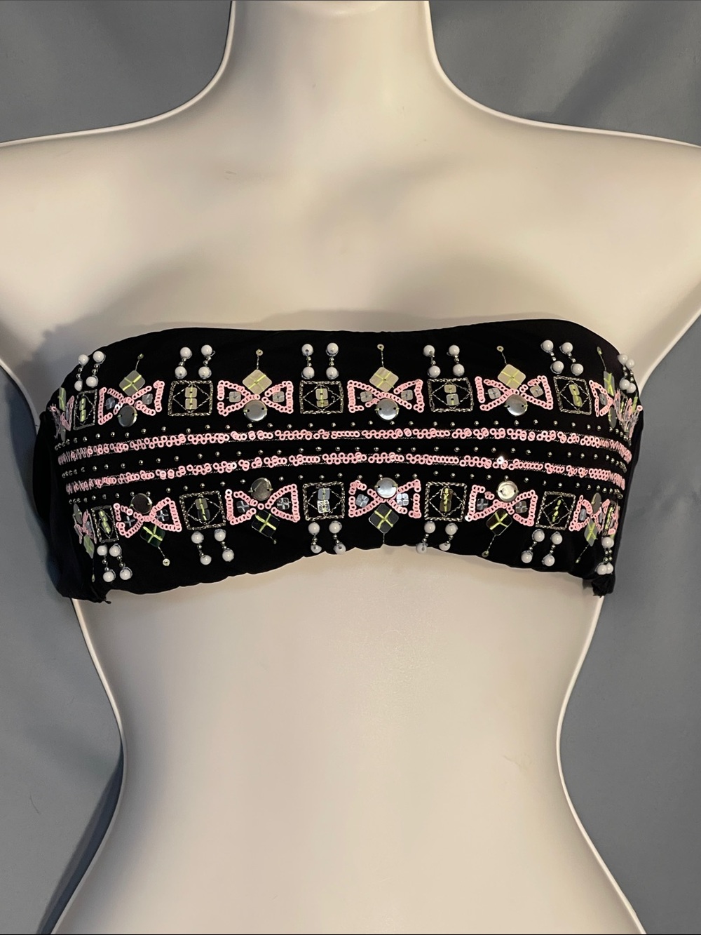 Beaded Embellished Black Bandeau Top with Pink and White Accents